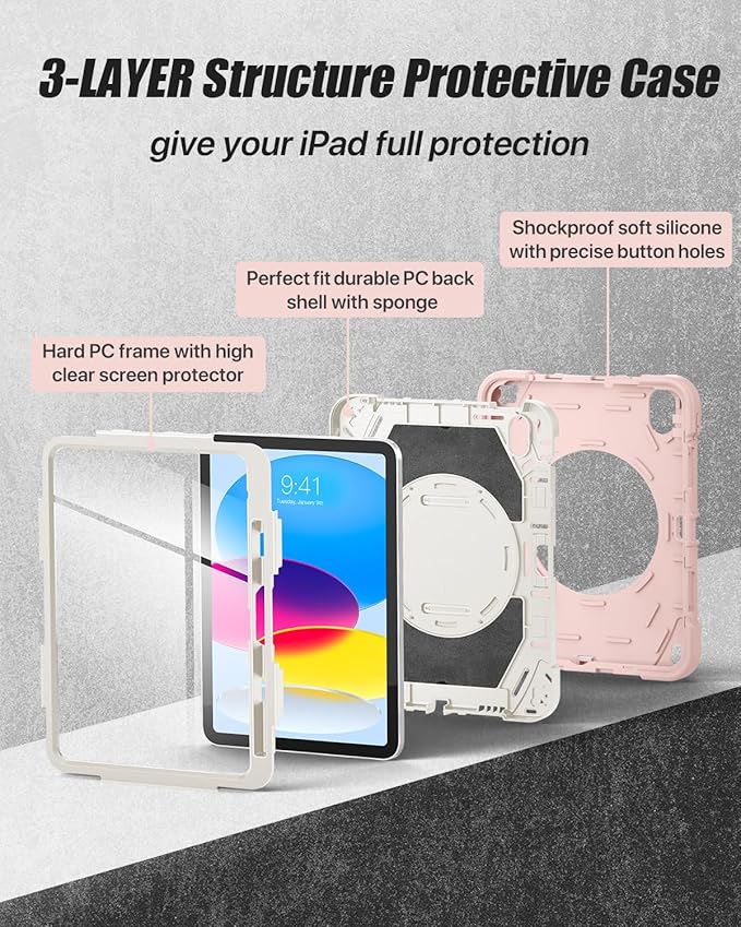 for iPad(A16) 11 inch 2025 case/10.9 inch iPad 10th Generation Case, Heavty Duty Shockproof Full Protective Case with Screen Protector and Rotatable Hand Strap, Shoulder Strap (Light Pink)