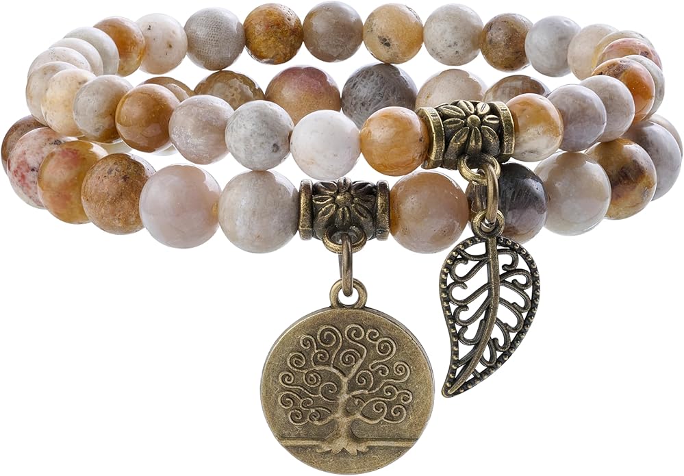 Bivei Natural Semi Precious Gemstone beads bracelet for women - Life Tree and Leaf Charm Energy Reiki Crystal Stretch Bracelets