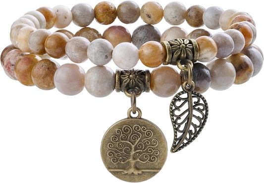 Bivei Natural Semi Precious Gemstone beads bracelet for women - Life Tree and Leaf Charm Energy Reiki Crystal Stretch Bracelets