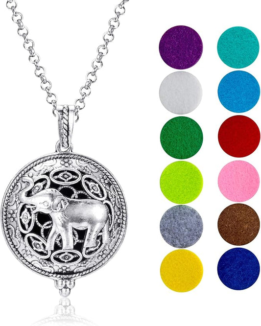 Wild Essentials Elephant Essential Oil Diffuser Nickel Free Alloy Locket Pendant with 24 inch Chain, 12 Color Refill Pads, Customizable Color Changing Perfume Jewelry for Aromatherapy