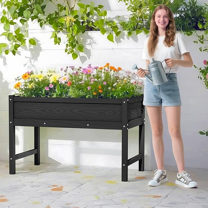 HDPE Raised Garden Planting Bed with Legs,Garden Boxes Outdoor Raised with Drainage Hole Rot-Resistant,Raised Beds for Gardening for Backyard, Patio, Balcony 300 lb Capacity (Black)