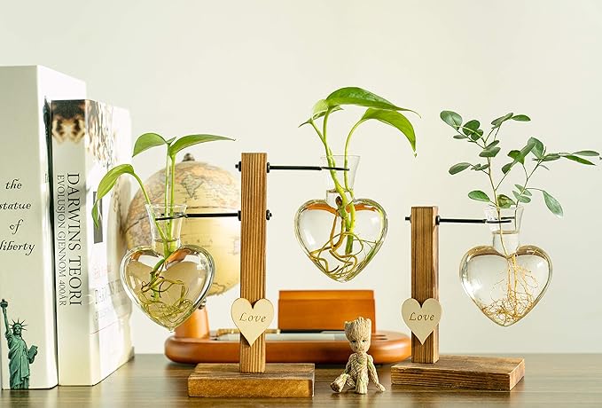 Kingbuy Heart Shaped Glass Hydroponic Vase with Retro Wooden Stand - Desktop Plant Terrarium for Bulb Planter, Water Plant Propagation Glass Vase Pot Planter Flower Desktop Decoration Home Garden