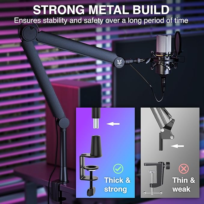 Sensic SA-30 Microphone Boom Arm, 360° Rotatable Mic Stand with 6 inch riser, Microphone Holder with 1/4", 3/8" and 5/8" Adapters, Professional Microphone Arm with Accessories, Mic Boom Arm Black