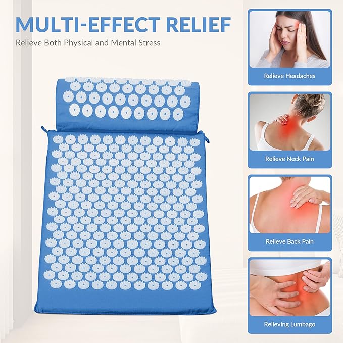 Fitvids Acupressure Mat and Pillow Set for Back/Neck Pain, Acupuncture Products to Relieve Muscle Fatigue, Improve Insomnia for Sedentary People, Acupuncture Eases Stress, Massage Mat, Blue