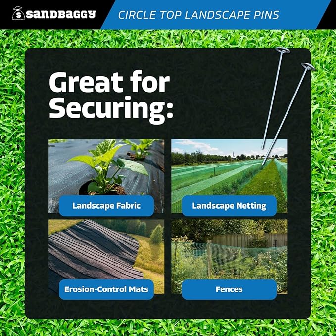Sandbaggy 12-inch Circle Top Pins - Landscape Staples (Galvanized) - Garden Stakes for Landscaping, SOD - Heavy Duty Ground Stakes, Lawn Turf Spikes, Christmas Decorations, Weed Mats (50 Pins)