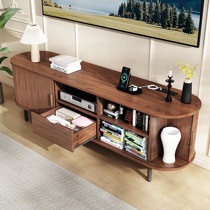 69" Mid-Century TV Stand with Power Outlet, Fluted Entertainment Center with Storage Drawer, TV Console with Sliding Door and Adjustable Shelves, TV Stand up to 80" for Living Room, Bedroom, Walnut