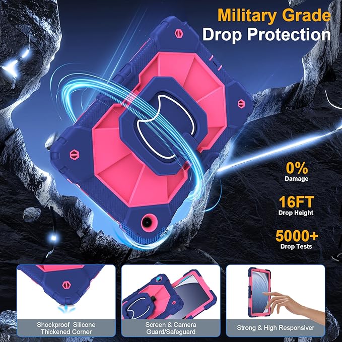 Case for Samsung Galaxy Tab A9 Plus 11 Inch 2023(SM-X210/X216/X218), Auorld Rugged Case for Samsung Galaxy A9+ Tablet with Screen Protector 360 Rotating Stand Shoulder Strap Pen Holder, Navy Pink