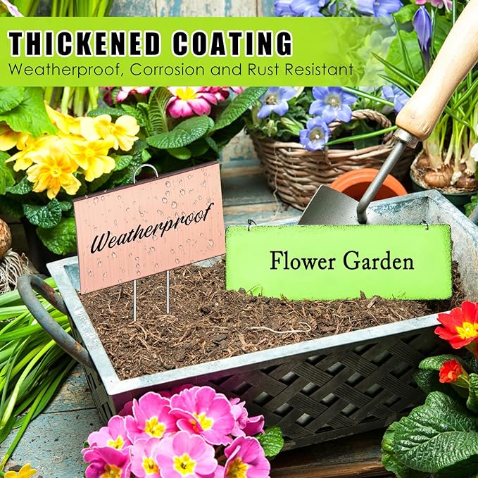Landhoow 12 Pcs Large Garden Plant Markers Metal Plant Labels Sign 4'' x 6'' with 11'' Stake Weatherproof Waterproof Garden Sign for Outdoor Seedlings Herbs Vegetable Greenhouse, Rose Gold