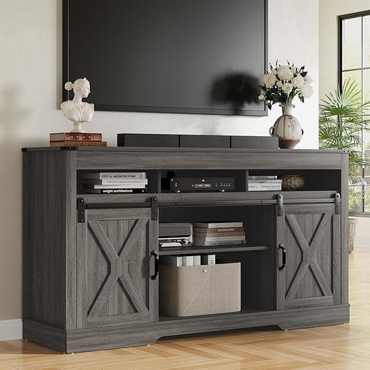 RoyalCraft TV Stand for 65+ Inch TV: Farmhouse Entertainment Center with Storage, Wood TV Console Cabinets with Sliding Barn Door, Tall Media with Adjustable Shelves for Living Rooms, Gray