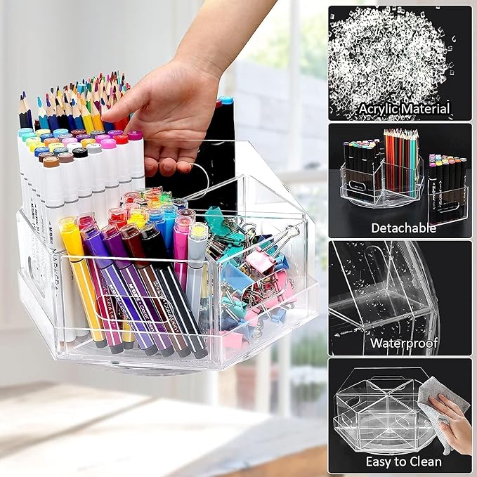 Large Capacity 360° Rotating Marker Organizer with 6 Compartments Acrylic Pen Holders Office Storage Supplies Holds over 600+ Pencils