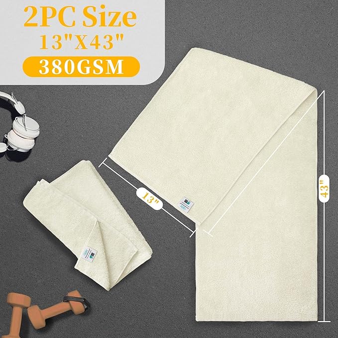 Workout Towels for Gym (2PC, 13"x43") - 100% Cotton, Breathable, Soft & Absorb - Sweat Towel for Men & Women, Sports Hand Towel for Yoga, Shower, Tennis, Running, Exercise & Fitness, Ivory