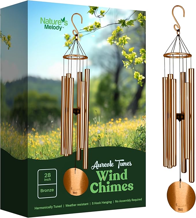 Nature’s Melody Aureole Tunes Wind Chimes – Outdoor Windchime with 6 Tubes, 100% Rustproof Aluminum, Powder Finish & S Hook Hanger for Sympathy, Memorial Gift or Zen Garden (Bronze, 28")