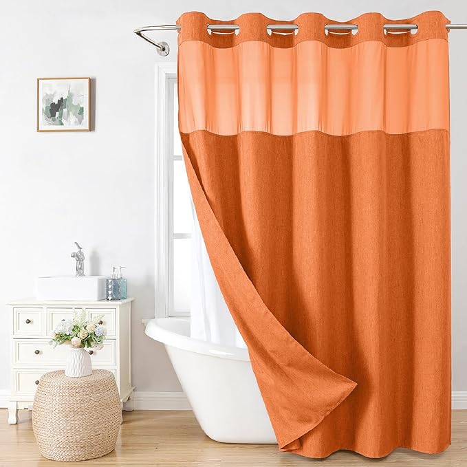 No Hooks Needed Linen Textured Shower Curtain with Snap-in Fabric Liner Set,Hotel Luxury Decor Waterproof Shower Curtains for Bathroom with Mesh Top Window,Washable,71Wx74H,Burnt Orange