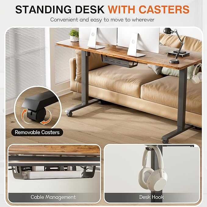 Furmax Electric Standing Desk, 59 x 24 Inches Height Adjustable Desk with Wheels, Home Office Computer Desk with Management Box (Brown)