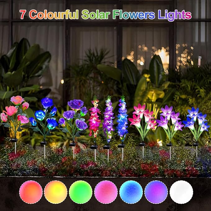 Solar Garden Lights Waterproof, 3 Pack Solar Flowers Lights Includes Lily Rose Delphinium, Gardening Gifts for Mom Grandma Women,7-Color Changing Outdoor Decor for Garden Yard Patio Lawn
