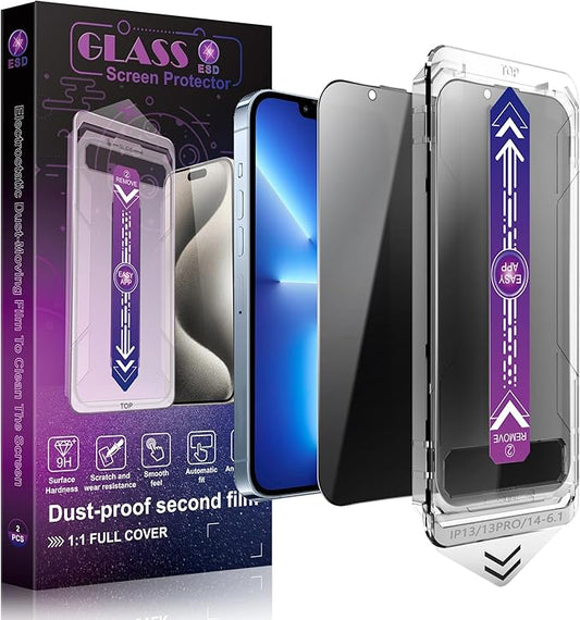 2 Pack Privacy Screen Protector for iPhone 16e and iPhone 14 and iPhone 13 and iPhone 13 Pro 6.1-Inch Auto Dust Removal, No Bubbles,Anti-Spy Tempered Glass Film, Easy Installation