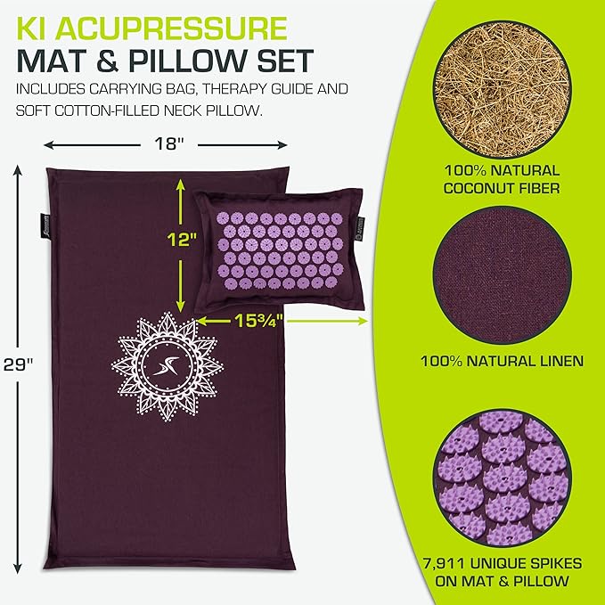 ProsourceFit Ki Acupressure Mat and Pillow Set with 100% Natural Linen for Back/Neck Pain Relief and Muscle Relaxation, Royal Lilac