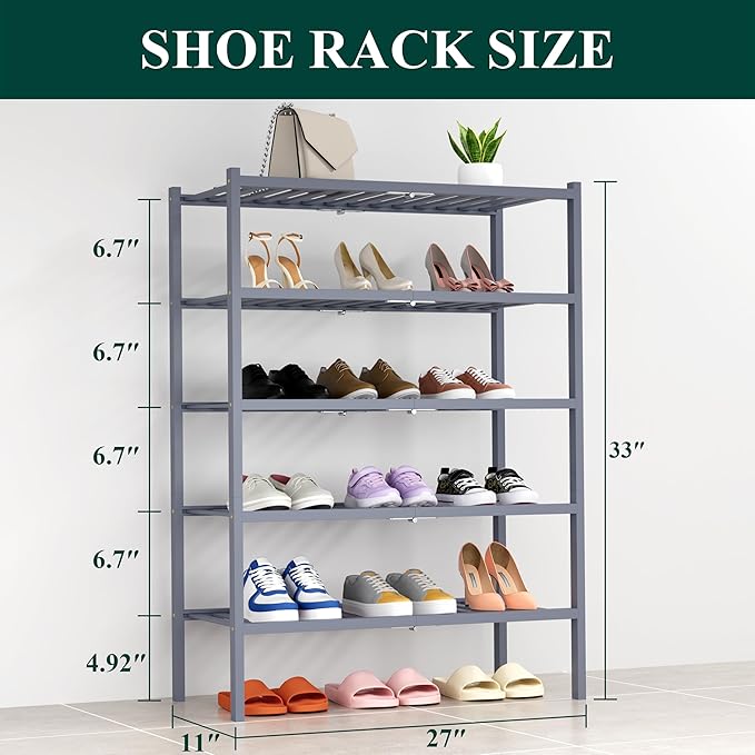 Smiry Shoe Rack, 5 Tier Thick Bamboo Shoe Organizer, Stackable Free Standing Wooden Shoe Storage Shelf for Closet, Entryway, Front Door Entrance, Grey