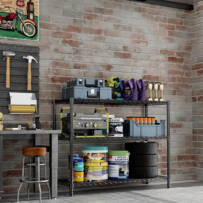 Storage Shelves Heavy Duty, 45" W x 20" D x 47" H Garage Wire Shelving Unit Loads 1200LBS, 3-Tier Adjustable Metal Industrial Utility Shelf Rack for Kitchen, Laundry Room, Pantry, Warehouse, Basement