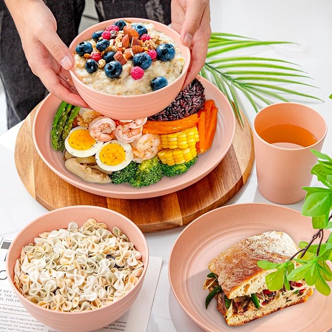 LIYH 48 Pcs Pink Wheat Straw Dinnerware Set, Plastic Plates and Bowls Dinnerware Set, Camping Dish Set for 12, Dishwasher Safe,Unbreakable Plates Reusable,Dish Sets Tableware