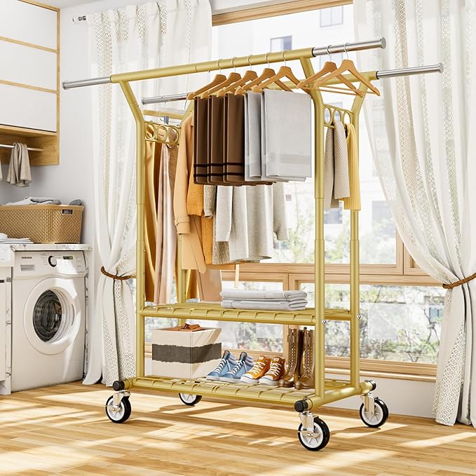 Heavy Duty Clothes Rack, Rolling Clothing Racks With Shelves Load 620 LBS, Double Rod Clothing Racks for Hanging Clothes, Portable& Adjustable Clothes Rack with Wheels Garment Rack,Gold
