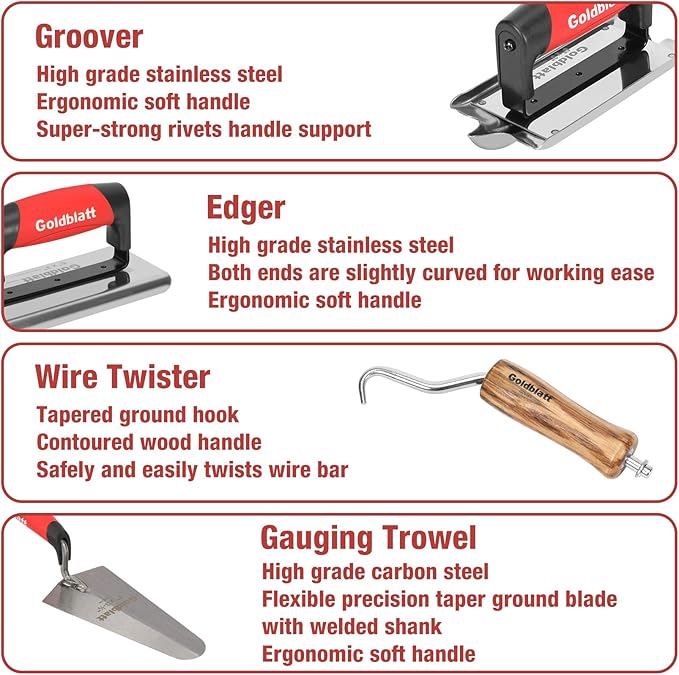 Goldblatt 8 Pieces Masonry Hand Tool Set Includes Finishing Trowel, Gauging Trowel, Groover, Edger, Extruded Alloy Float, Wood Float and Wire Twister, Organized in Tool Bag