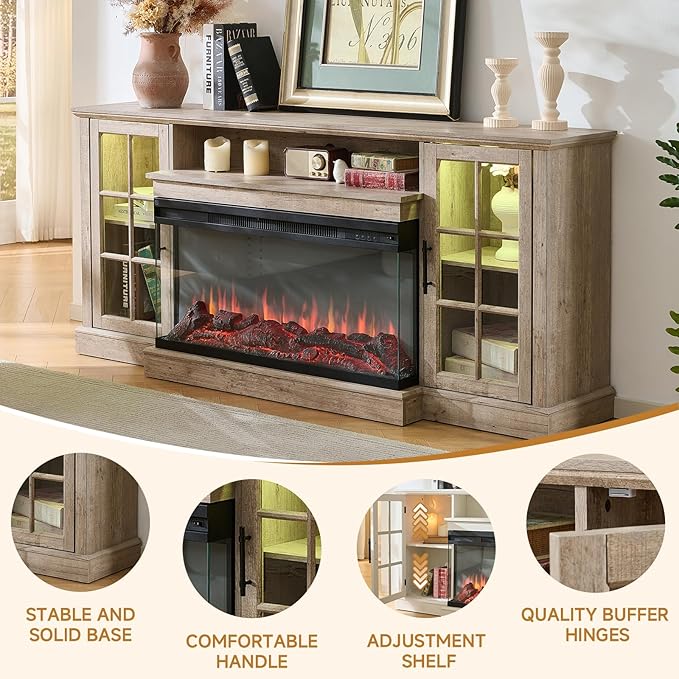 ROCKPOINT 3 Sided Glass 70" Fireplace TV Stand for TVs up to 80inch, Media Entertainment Center with Glass Door Storage Cabinet,36" Electric Fireplace with LED Light and Flame Colors,Grey