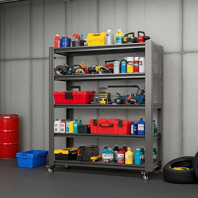 78" H 5-Shelf Metal Storage Shelves, 2000 lbs Garage Shelving Unit with Pegboard, Adjustable Industrial Heavy Duty Storage Rack with Wheels, 47.2" W x 18" D for Pantry Basement, Black