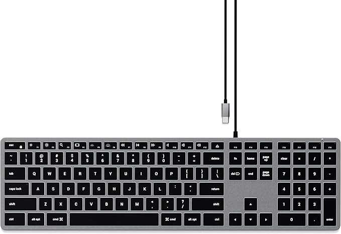 Satechi Slim W3 Wired Backlit Keyboard with Numeric Keypad, Illuminated Keys & USB C Connection, for MacBook Air/Pro M4, iPad Air/Pro M4/M3, iPad mini, Mac mini, iMac and More