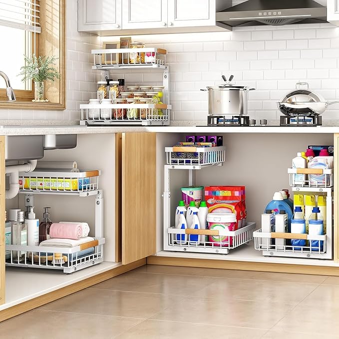 PXRACK 1 Pack Under Sink Organizer,Adjustable Height,2 Tier Pull Out Under Cabinet Organizer,Slide Out Thickened Metal Under Sink Storage for Kitchen Bathroom Laundry Cabinet Pantry,White(S)