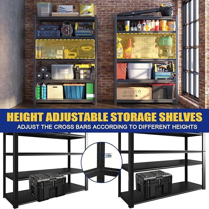 2500LBS Garage Shelving Units and Storage, Heavy Duty Shelf Rack, 5 Tier Shelves for Garage Storage, Metal Adjustable Shelf for Basement, Warehouse and Supermarket