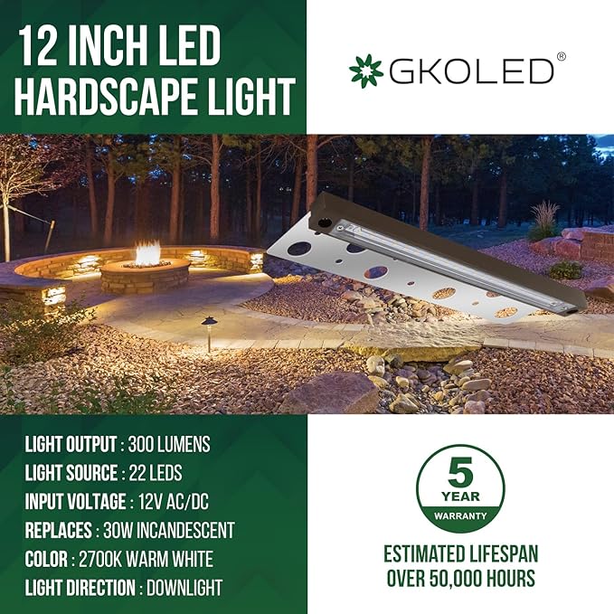 GKOLED 12 Inch LED Hardscape Lighting, Low Voltage Paver Wall Step Lights, 22pcs LED Chips for Even Light Distribution, 2700K Warm White, 12V AC/DC (8-Pack)