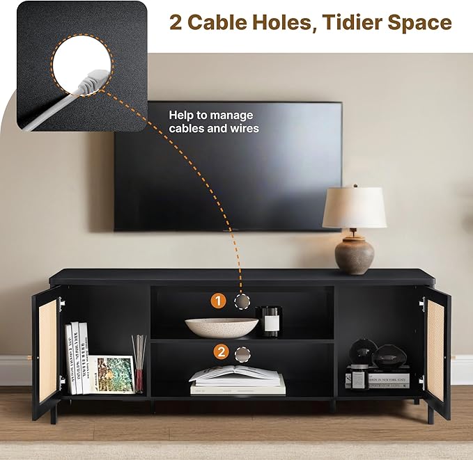 Rattan TV Stand for TVs up to 75'' Boho Entertainment Center with Adjustable Shelf Television Stand with 2 Storage Cabinets Media Console Wooden TV Cabinet for Living Room Bedroom,Black