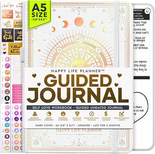 Guided Journal - Gratitude & Mental Health Journal for 5 Minute Daily | 90-Day Undated Planner for Positivity & Manifestation | Guided Mindfulness, Self Care & Reflection | Vision Board + Stickers