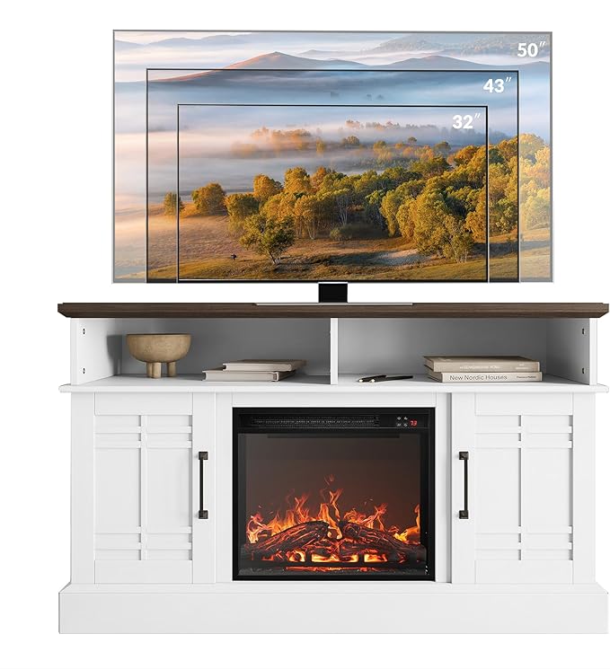 BELLEZE 48" TV Stand with 18" Electric Fireplace Heater, Modern TV Stand for TVs up to 50", Entertainment Media Stand with Open Shelves and Storage Cabinets for Living Room, Bedroom (White)