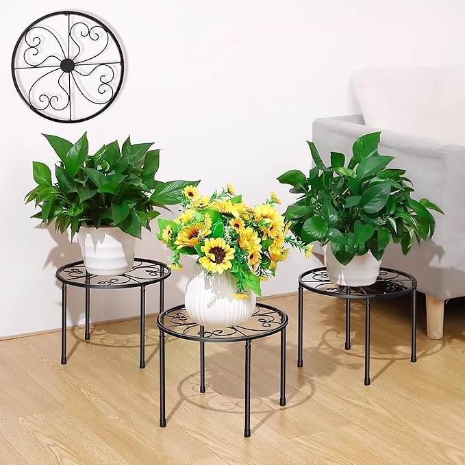 3 Pack Metal Plant Stands for Outdoor Indoor, Anti Rust Round Iron Plant Pot Shelf, Heavy Duty Flower Pot Stands for Multiple Plant, Rustproof Plant Holder, Decoration Racks for Home Garden