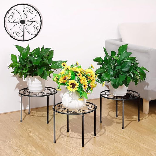 3 Pack Metal Plant Stands for Outdoor Indoor, Anti Rust Round Iron Plant Pot Shelf, Heavy Duty Flower Pot Stands for Multiple Plant, Rustproof Plant Holder, Decoration Racks for Home Garden