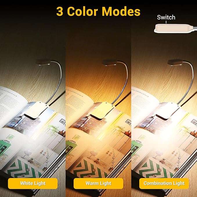 Book Light 2 Pack, Rechargeable Reading Lights for Books in Bed-Eye Caring 3 Colors, Stepless Dimming, 360° Flexible Studying Small Desk Lamp, Lightweight Clip-on LED Night Light for Book Lovers, Kids