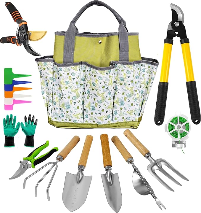 Gardening Tools – 42 Piece Premium Gardening Tool Set,Heavy Duty Hand Tools with Fashion Garden Tools Organizer Handbag,Rust-Proof Gardening Tool Kit, Ideal Gardening Gifts for All (Green Floral)