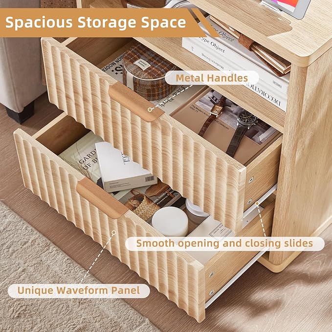LEYAOYAO Fluted Farmhouse Nightstand Set of 2 with Charging Station, 23" Wide 2 Drawers End Table,Natural Dresser for Bedroom,Bed Side Table Chest of Drawers Cabinet,Wood Night Stand for Living Room