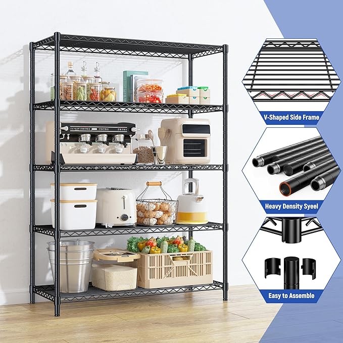 5 Tier Storage Shelves 71" H Wire Shelving Adjustable Metal Shelving,1000LBS Pantry Shelves Sturdy Steel Wire Shelf for Kitchen Commercial Pantry Garage Warehouse,71" H X35.5 W X13.8 D, Black