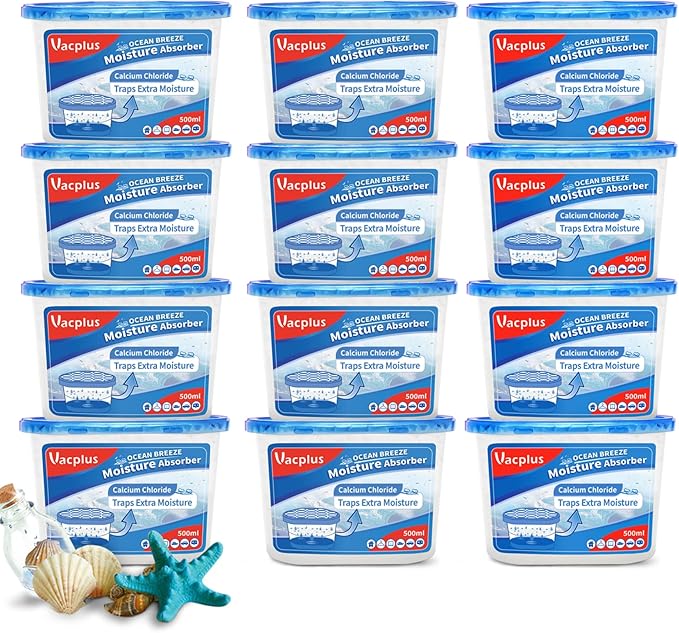 Vacplus Moisture Absorbers 12 Pack, 10.5 Oz, Humidity Absorber Boxes Attracts Extra Moisture from Your Bathroom, Closet, Kitchen, Dehumidifier for Closet (Ocean Scent), Light blue