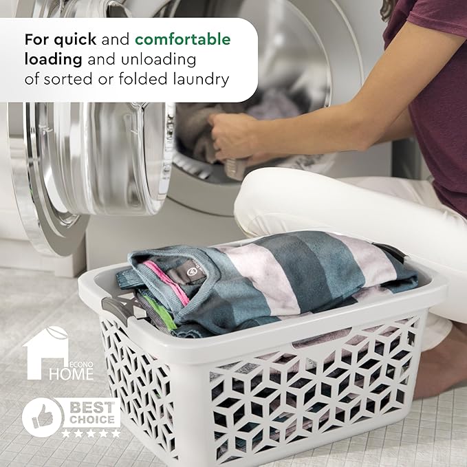 EconoHome Laundry Basket - Large 2 Bushel Laundry Basket with Handles - Stackable Plastic Hamper for Dirty Clothes - Storage Bin & Organizer for Bathroom, Bedroom - White, 70.5L Capacity – Heavy Duty