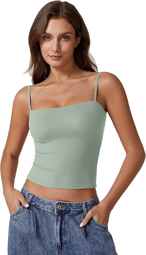 QINSEN Women's Double Lined Basic Tank Top Adjustable Spaghetti Straps Sleeveless Camisole Shirts