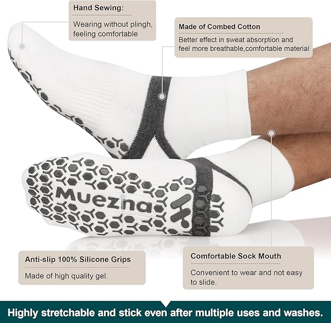 Muezna Men's Non-Slip Yoga Socks, Anti-Skid Pilates, Barre, Bikram Fitness Hospital Slipper Socks with Grips