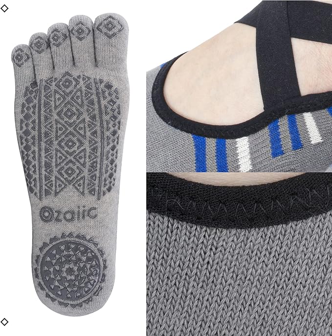 Ozaiic Yoga Socks for Women with Grips, Non-Slip Five Toe Socks for Pilates, Barre, Ballet, Fitness