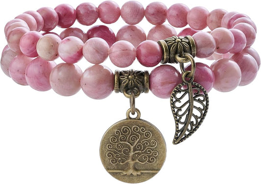 Bivei Natural Semi Precious Gemstone beads bracelet for women - Life Tree and Leaf Charm Energy Reiki Crystal Stretch Bracelets