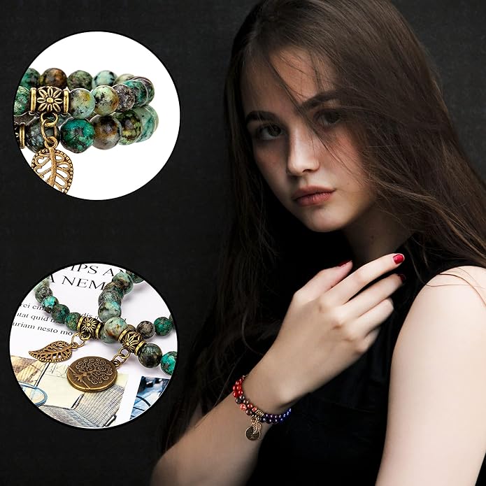 Bivei Natural Semi Precious Gemstone beads bracelet for women - Life Tree and Leaf Charm Energy Reiki Crystal Stretch Bracelets
