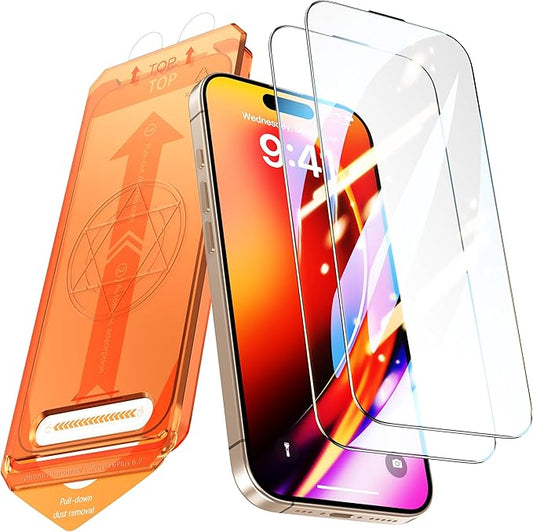 2 Pack for iPhone 16 Plus/iPhone 15 Plus Screen Protector, [9H Hardness] Tempered-Glass Screen Protector with Auto-Alignment Kit, HD Clear, Scratch Resistant