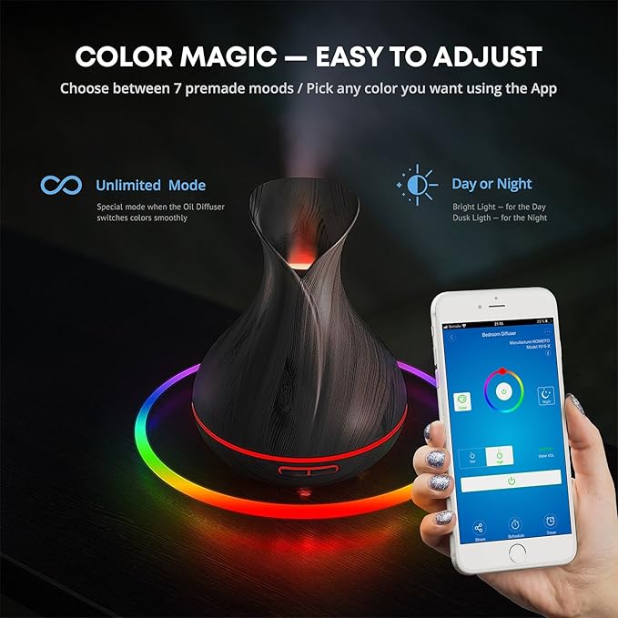 Smart WiFi Wireless Essential Oil Aromatherapy 400ml Ultrasonic Diffuser & Humidifier with Alexa & Google Home Phone App & Voice Control - LED & Timer Settings Dark Brown